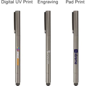 A metallic grey pencil with options for digital UV print, engraving, and pad print. Features a logo on the barrel.