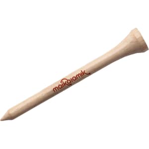 A bamboo golf tee, featuring a tapered design and a natural wooden finish, with a logo on the side.