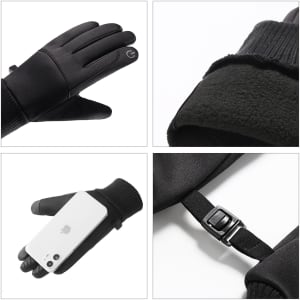 Black touchscreen winter gloves with a snug fit, showcasing a soft inner lining and a strap detail for adjustability.