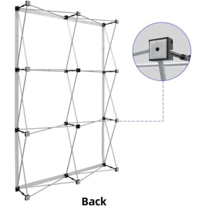 A collapsible fabric popup display frame in silver with a detailed section showing a connector.