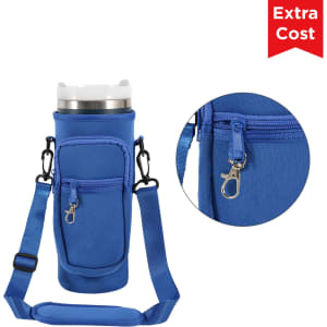 A drink bottle carrier bag in blue with a zippered pocket for a phone and an adjustable strap. Features a logo.