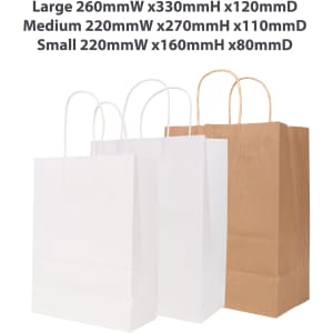 A set of three kraft paper bags in white and brown, showcasing different sizes, with twisted handles.