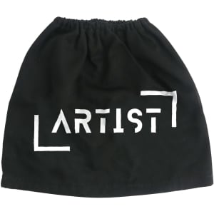 A black boot cover with an elasticated top and a printed logo in white.