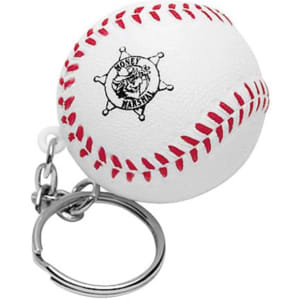 A white baseball-shaped stress reliever with red stitching, attached to a silver keyring. It has a logo on it.