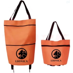 An orange 2 in 1 collapsible shopping trolley bag with dark straps and a logo. The bag is displayed in two sizes.