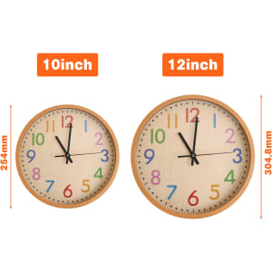 Two round wall clocks with wood grain finish, displaying colourful numbers, in 10-inch and 12-inch sizes.
