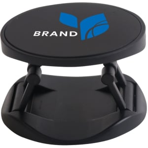A round black phone holder with a logo, featuring adjustable arms for stability. Ideal for phone support.