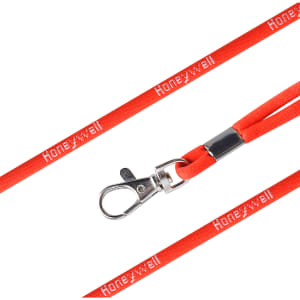 An orange poly rope lanyard with a metal clasp and a logo along the length.