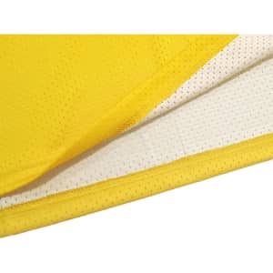 A yellow sleeveless sport jersey made from 100% polyester with mesh fabric, featuring a white interior and a logo.