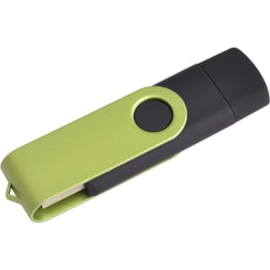 A green and black double-end flash drive with a clip and button feature, designed for technology use.