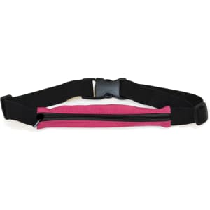 A pink running belt with a black adjustable strap and a zippered compartment. Features a logo.