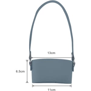 A drink bottle holder in a grey hue, featuring a strap and dimensions provided. It has a logo.