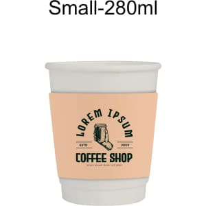 A double wall paper cup with a peach sleeve, featuring a logo and text for a coffee shop.