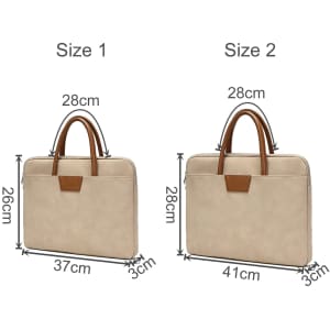 A beige suede PU leather laptop bag with brown handles, available in two sizes, displaying dimensions for each.