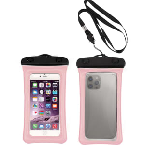 A pink waterproof cellphone dry bag featuring a clear front and a black closure, with a lanyard attached.