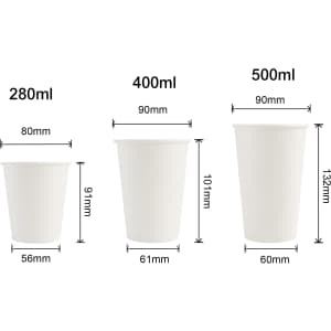 Three white disposable paper cups of different sizes: 280ml, 400ml, and 500ml, each with measurements indicated.