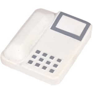 A white telephone-shaped stress reliever with grey detailing, designed as a fun keyring.