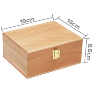 A wooden case in a light timber finish, featuring a gold clasp, measuring 19cm x 16cm x 8.5cm.