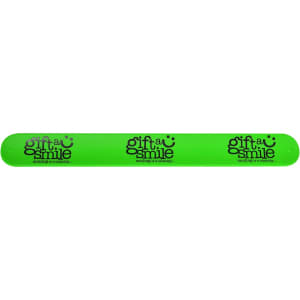A green silicone slap band featuring a logo. It has a smooth finish and is flexible for wearing on the wrist.