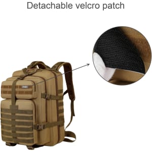 A tactical backpack in khaki with multiple compartments and a detachable velcro patch. Features adjustable straps.