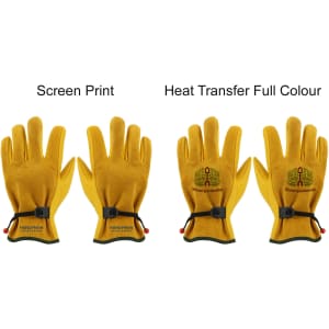 A pair of yellow gardening gloves with branding and adjustable wrist straps, displayed side by side.