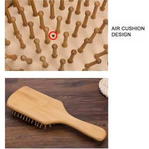 A bamboo comb hair styling tool featuring an air cushion design with wooden bristles on a wooden base.