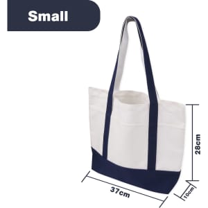 A small canvas tote bag in white and navy blue, featuring a logo and measuring 37cm wide by 28cm tall.