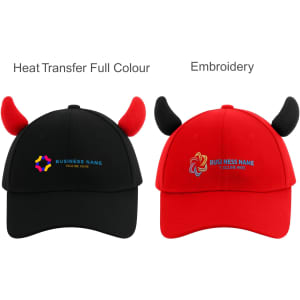A black and a red baseball cap featuring devil horns and a logo on the front.