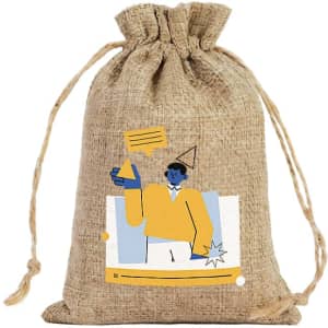 A natural linen drawstring gift bag featuring a colourful illustration. The bag has a rustic appearance with a textured finish.