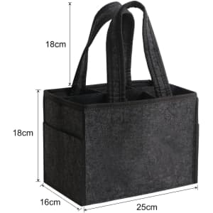 A felt wine tote bag in dark grey with two handles and multiple compartments. Features measurements on the side.