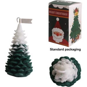 Cedar Christmas tree-shaped candle in green and white, presented in festive packaging featuring a Santa illustration.