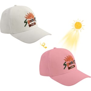 A colour changing baseball cap, featuring white and pink colours, with a logo and sun graphic.