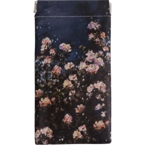 A floral print glasses pouch in dark blue featuring colourful flowers, with a zip closure and a small logo.