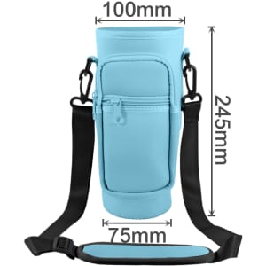 A drink bottle carrier bag in light blue with a shoulder strap and a zippered phone pocket.