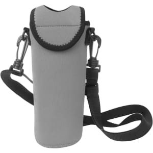 A drink bottle cooler in grey, featuring a black strap and clip for easy carrying. It has a logo on the side.