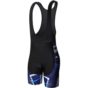 Men's cycling bib shorts in black and blue with a vibrant sublimated design and a logo on the side.