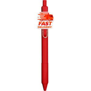 A red acrylic pen featuring a clip and a logo.