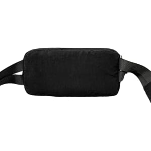 A black travel fanny pack with a zippered compartment and adjustable straps. It features a logo on the front.