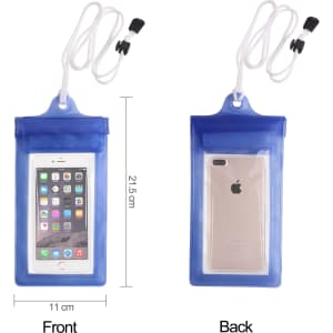 A waterproof phone bag in blue, featuring a neck string, showing both front and back views with an inserted phone.