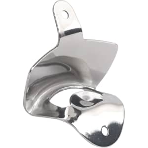 A drink bottle opener in shiny silver metal, featuring a wall mount design and two mounting holes.