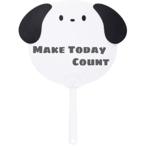 A custom-shaped hand fan in the design of a dog’s face, featuring black ears and a white body.