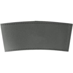 A grey leather cup sleeve with neat stitching and a smooth finish, featuring a logo.