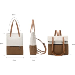 A convertible canvas backpack to tote bag in cream and brown, featuring adjustable straps and a front zip pocket.
