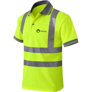 A reflective short-sleeved polo shirt in bright yellow with grey detailing and a logo. Ideal for high-visibility workwear.