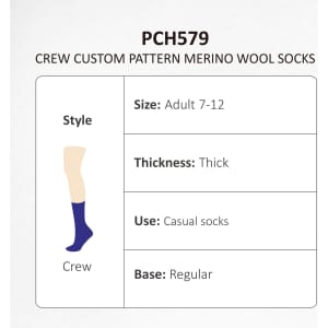 Merino wool socks in navy with a custom pattern, designed for adults size 7-12, featuring a thick fabric.