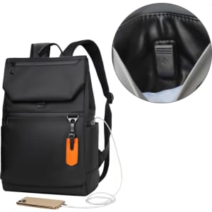 A black laptop backpack features a front pocket with an orange tag and a section for a charging cable.