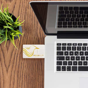 A credit card-sized Type-C flash drive in white connected to a laptop on a wooden desk with a small plant.