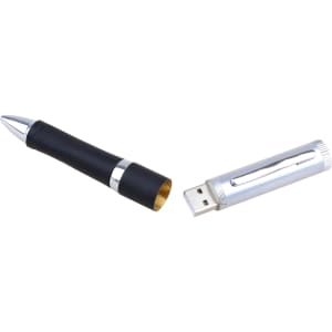A black and silver flash drive pen, featuring a sleek design with a textured grip and a removable USB section.