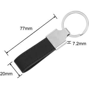 A black PU leather keyring with a metal accent, featuring a circular keyring attachment. Dimensions are 77mm x 20mm.