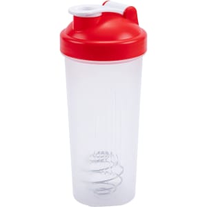 A drink bottle featuring a transparent body with a red lid and white cap, designed for fitness use.